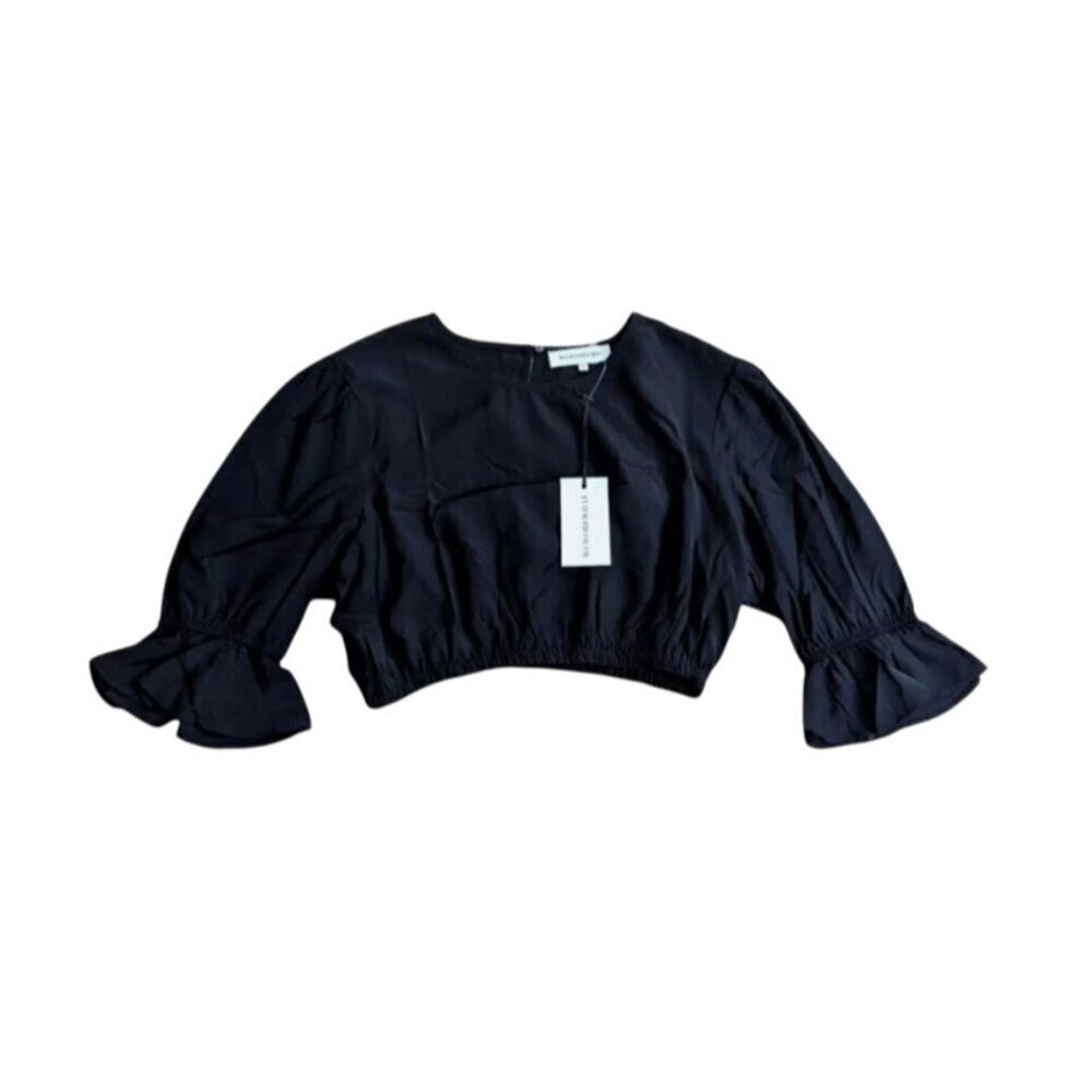Womens Black Cropped Blouse With Elastic Hem & Flared Cuffs M - Picture 2 of 3